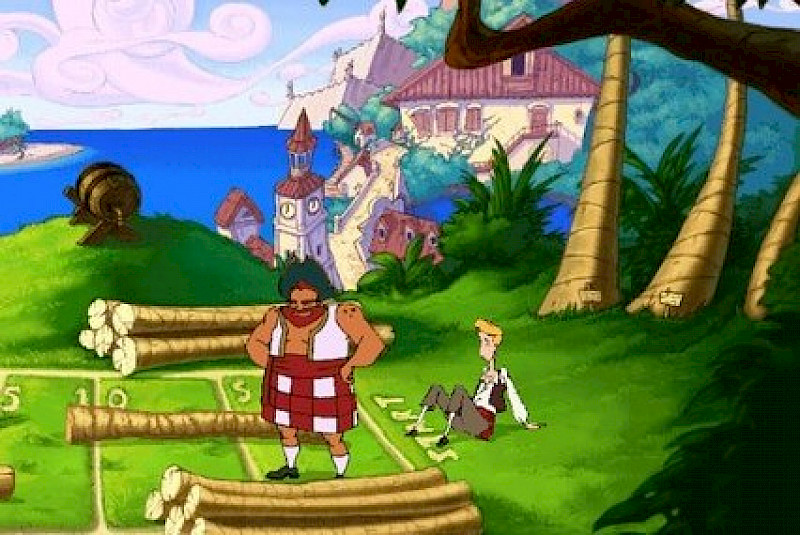 Ein Screenshot von The Curse of Monkey Island in Zeichentrick-Grafik. Zwei Personen spielen mit Holzstämmen. Im Hintergrund ist ein Dorf.