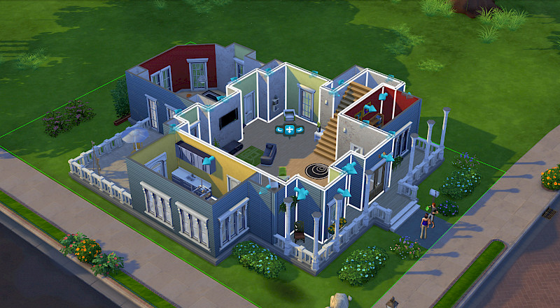 Screenshot von Sims 4. Ein Haus ohne Dach in aus einer Sicht von oben.