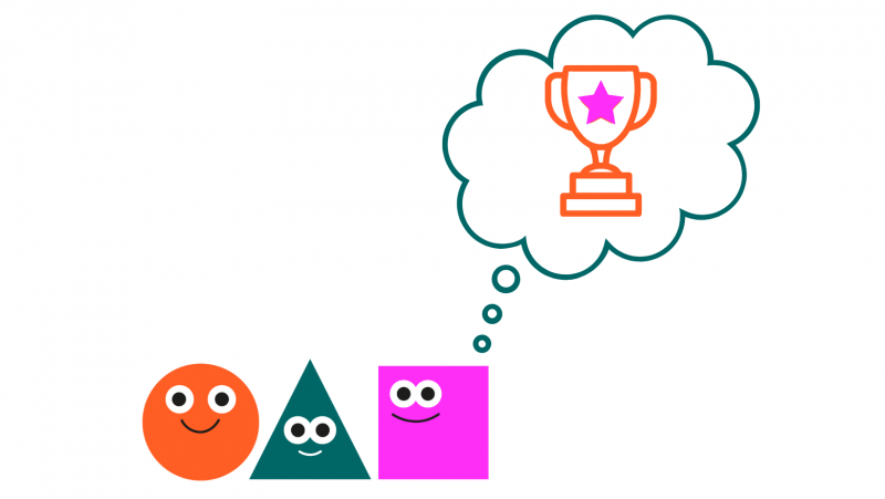 Ein orangener Kreis, ein grünes Dreieck und ein pinkes Quadrat mit Gesichtern denken an einen Pokal.