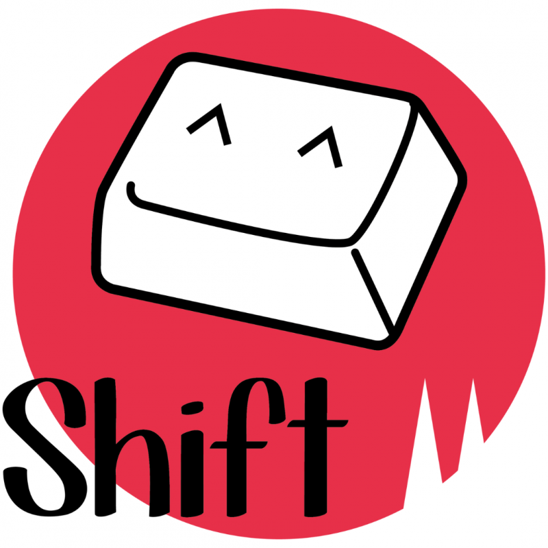 Das Logo der SHIFT-Redaktion. Ein pinker Kreis mit dem schwarzen Schriftzug SHIFT. Darüber eine weiße Tastatur-Taste mit zwinkernden Augen. Unten rechts im Kreis sind weiße Spitzen des Kölner Doms.
