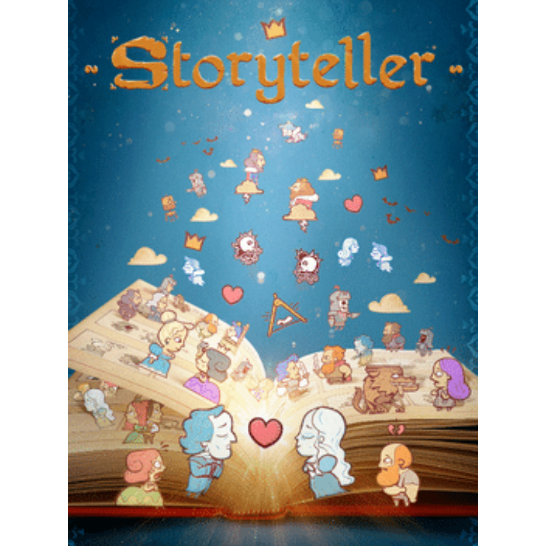 Das Cover von Storyteller. Cartoon-Grafik. Verschiedene Figuren und Gegenstände fliegen aus einem Buch.