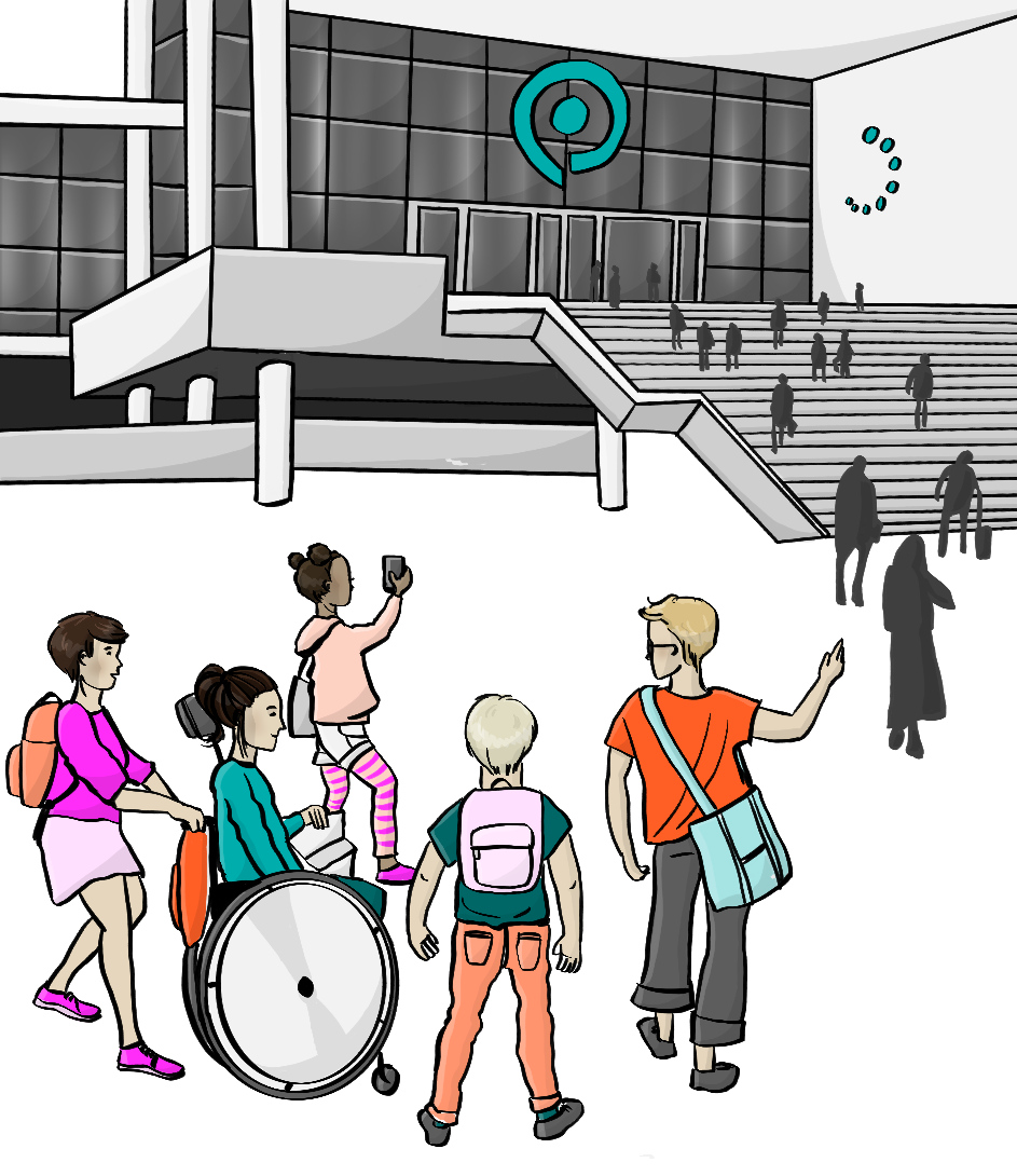 Eine Zeichnung von Besucher*innen vor der gamescom-Messehalle