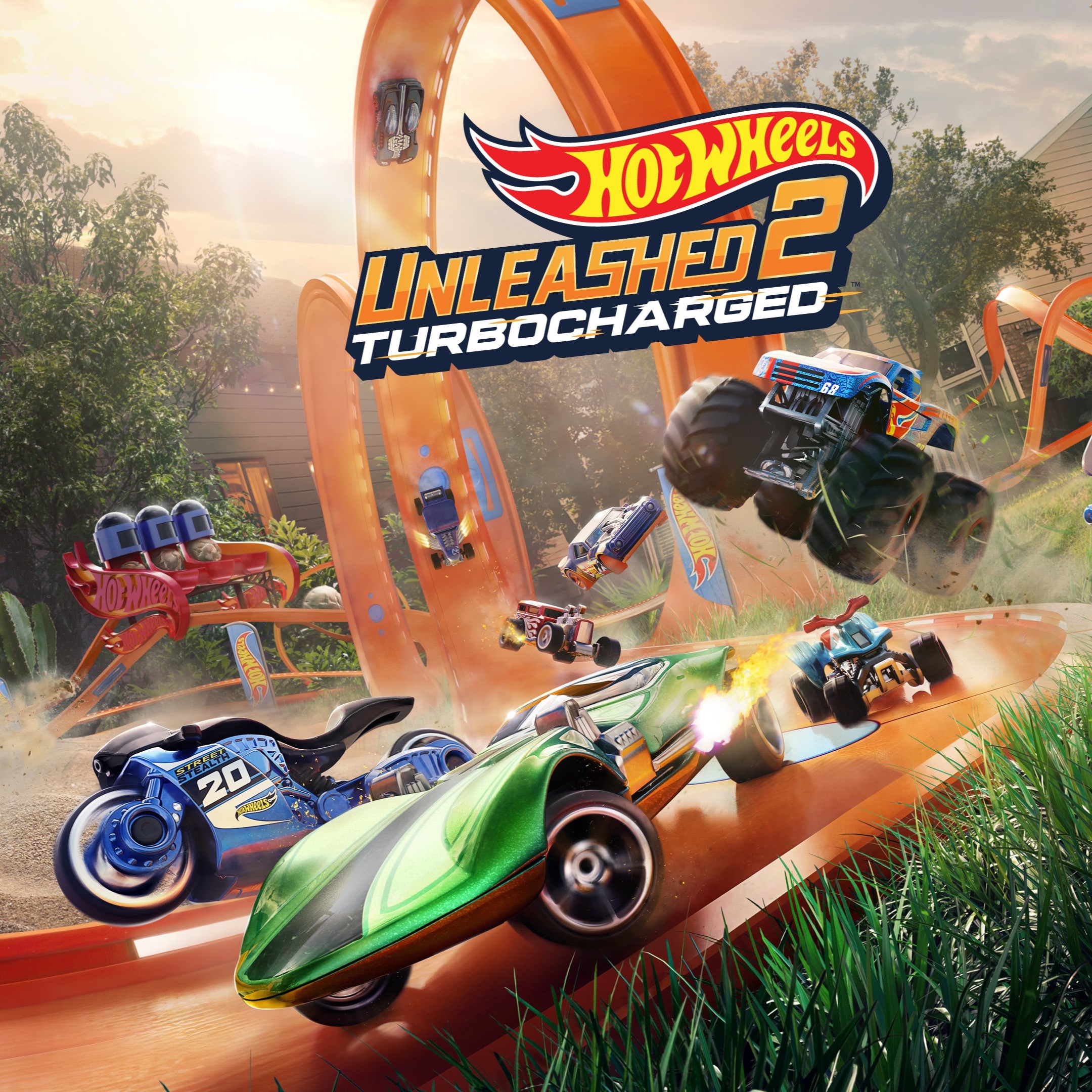 Das Titelbild von Hot Wheels Unleashed 2 Turbocharged. Verschiedene Autos in Cartoonsgrafik fahren wild auf einer Rennstrecke.