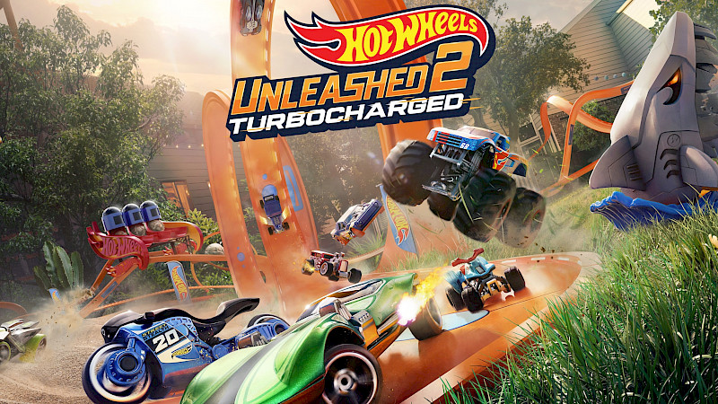 Das Titelbild von Hot Wheels Unleashed 2 Turbocharged. Verschiedene Autos in Cartoonsgrafik fahren wild auf einer Rennstrecke.
