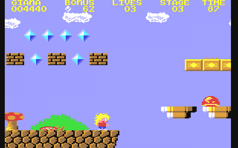 Ein Screenshot von The Great Giana Sisters. Es ist ein Jump and Run-Spiel. Eine blonde Pixelfigur steht auf einer braunen Stein-Plattform vor einem Abgrund. Über ihr sind verschiedene Plattformen.