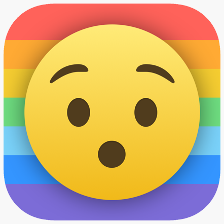 Ein erschroclen guckender gelber Smilie vor einem regenbogen-farbenden Hintergrund