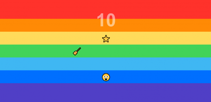 Screenshot von Rainbrow. Ein regenbogen-farbender Hintergrund darauf ein Smilie, der erschrocken schaut. Über ihm ein kleiner Besen und ein Stern sowie die Zahl 10.