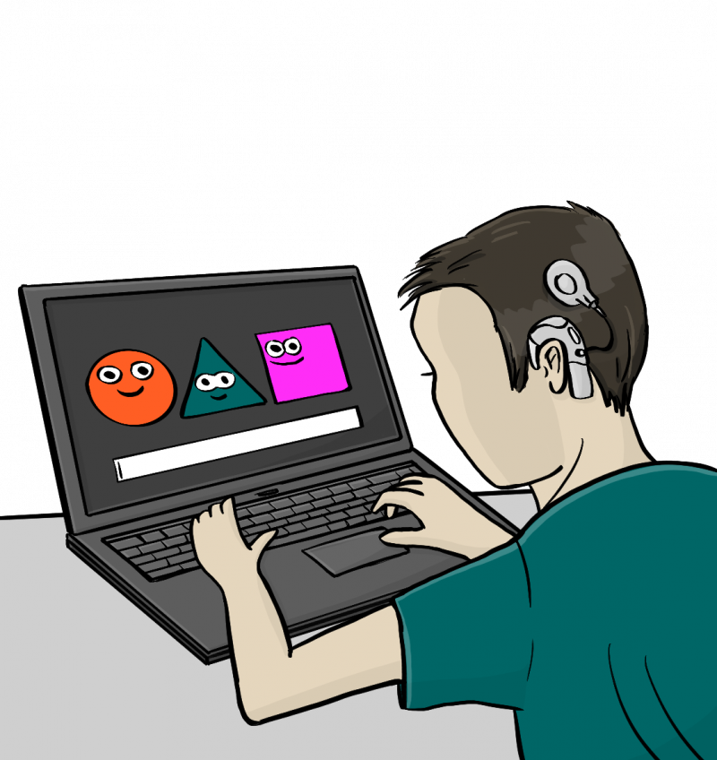 Illustration von einem Jungen mit Cochlear Implantat vor einem Laptop.