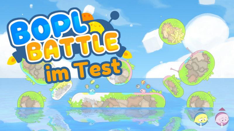 Ein Screenshot von Bopl Battle. Zwei Schleimfiguren kämpfen auf verschiedene Stein-Plattformen. Schriftzug: Bopl Battle im Test.