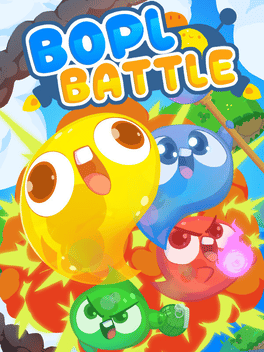 Das ist der Packshot von Bopple Battle. Cartoon-Grafik. Bunte Schleimbälle springen.