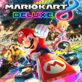 Das Titelbild von Mario Kart 8 Deluxe. Mario, Bowser und Peach sitzen in Karts. Im Hintergrund ist eine bunte Strecke.