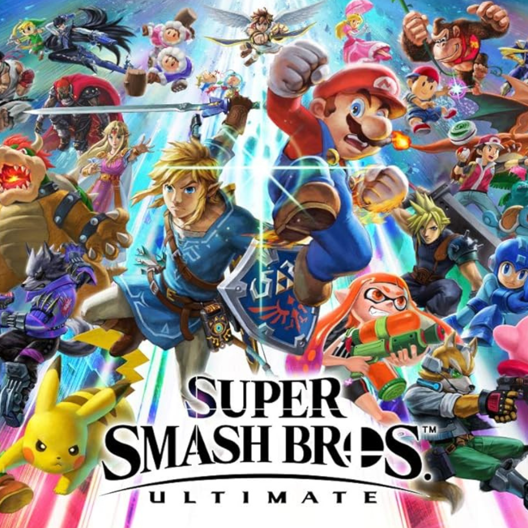 Das Titelbild von Super Smash Bors. Ultimate. Ein schwarzer Schriftzug vom Spieltitel und verschiedene bunte Charaktere.