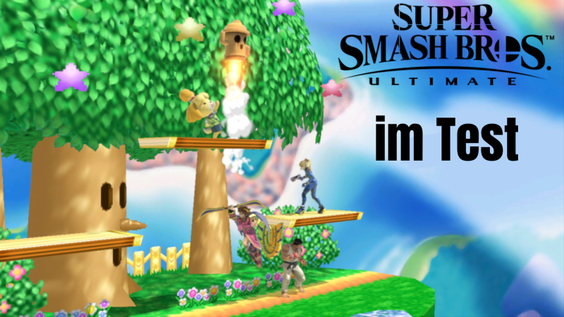 Schwarzer Text auf Screenshot: Super Smash Bros. Ultimate im Test. Eine Insel mit Wiese und einem Baum als Stage. Sie fliegt im Himmel. Verschiedene Charaktere kämpfen.