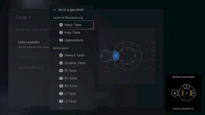 Das Einrichtungsmenü vom PlayStation Access Controller. In diesem Menü werden die Tasten zugewiesen. Rechts ist ein Bild vom Access Controller mit der gerade ausgewählten Taste. Links ist eine Liste der Tasten.