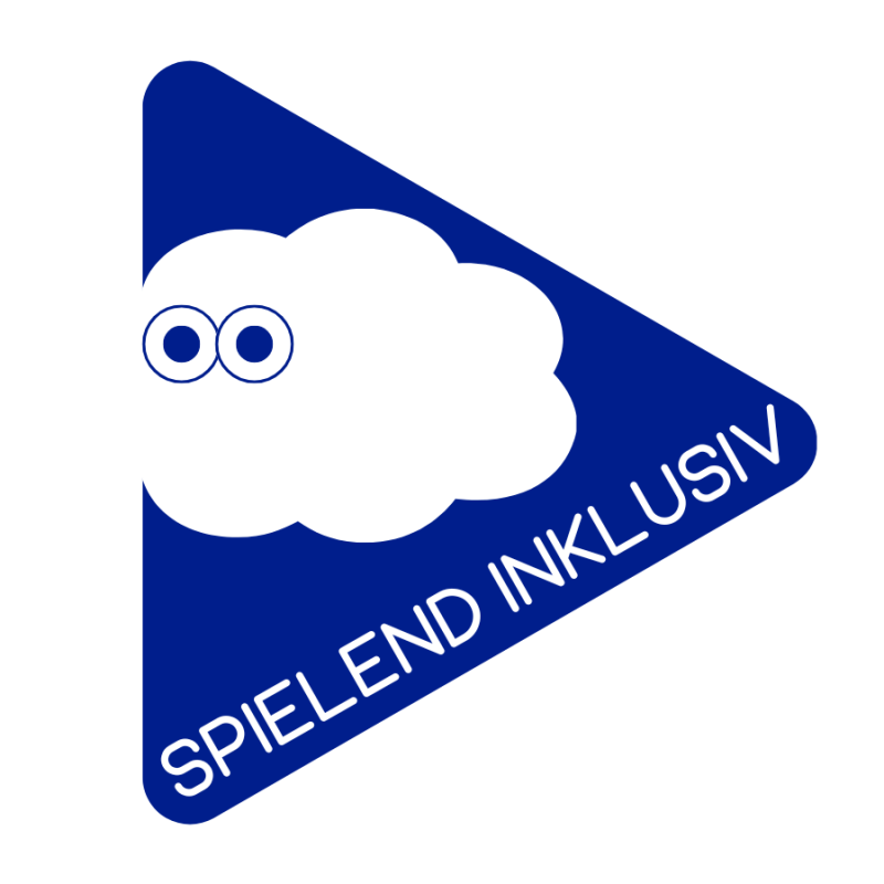 Logo Spielend Inklusiv. Ein blaues Playzeichen als Dreieck auf weißem Hintergrund. Darin eine weiße Wolke mit Augen. Im Zeichen der Name als Schriftzug.