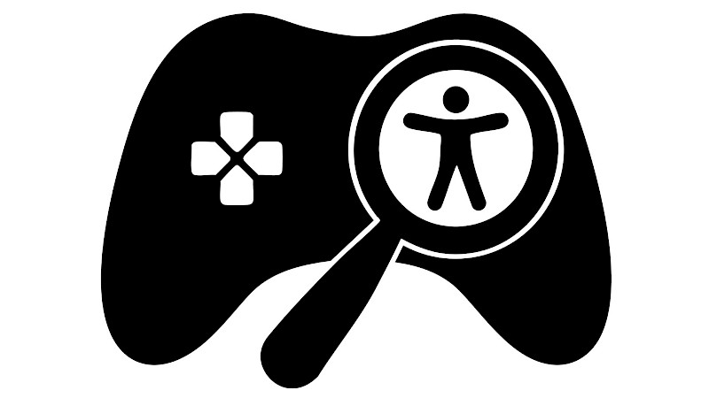 Das Logo des Netzwerks: Ein schwarzer Controller, der auf der linken Seite ein weißes Steuerkreuz hat. Eine schwarze Lupe mit einer weißen Umrandung zeigt auf die rechte Seite des Controllers. In der Lupe ist das Icon für Accessibility abgebildet.