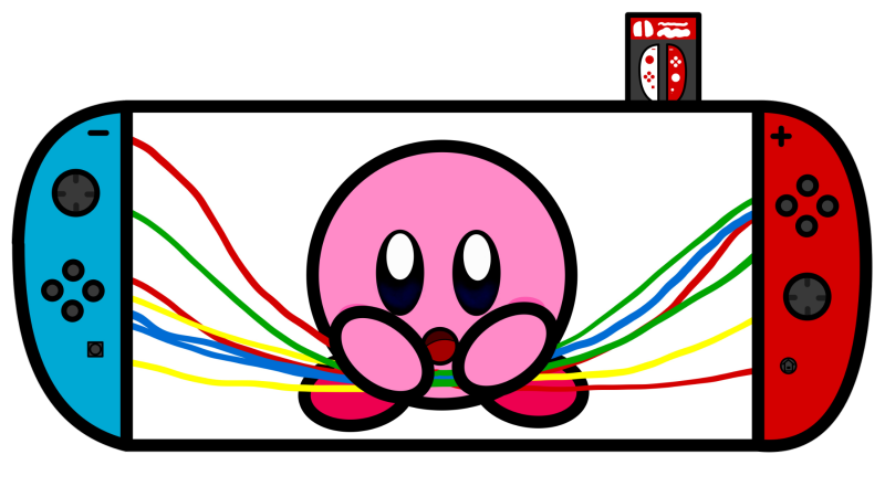 Gezeichnet von Jayden. Eine Figur, die aussieht wie Kirby hält bunte Kabel auf einem Switch-Display fest.