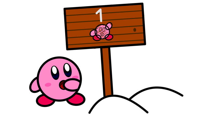 Gezeichnet von Jayden. Eine Figur, die aussieht wie Kirby aussieht, neben einem Holzschild. Auf dem Schild ist die Figur und eine 1 abgebildet.