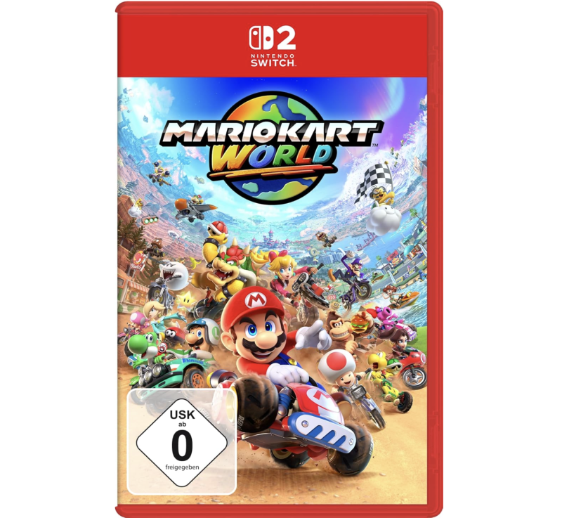 Auf dem Bild ist Mario in einem Gokart abgebildet. Er fährt auf einer bunten Rennstrecke. Neben ihm fahren andere Charaktere, wie z.B. Peach und Bowser. Es gibt Regenbogen-Straßen, Vulkane und grüne Hügel. Oben steht der Titel: Mario Kart World.