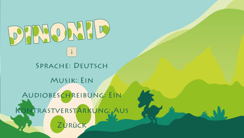 Startseite der Website „DINONID“ mit Dinosauriern, grünen Hügeln und einem großen Dino-Ei. Darunter stehen die Einstellungen für Sprache, Musik, Audiobeschreibung und Kontrast.