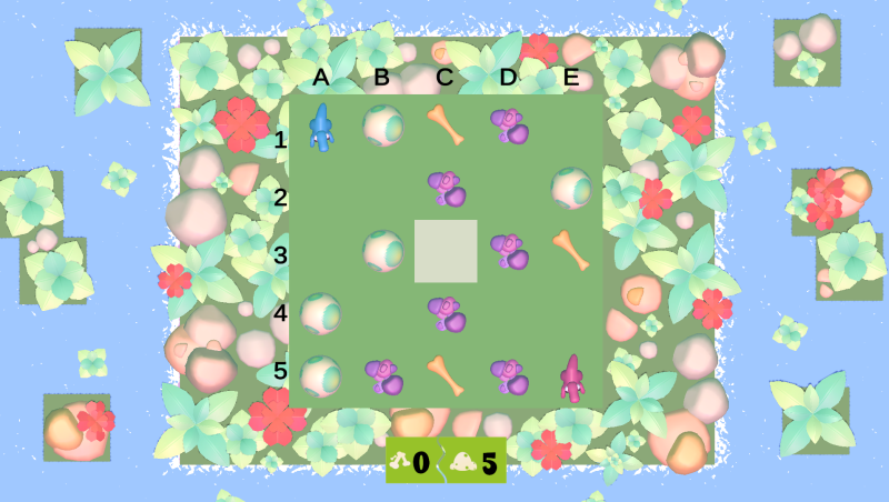 Ein buntes Spielfeld mit fünf Zeilen und fünf Spalten. Die Zeilen sind mit den Zahlen 1 bis 5 und die Spalten mit den Buchstaben A bis E markiert. Auf dem grünen Feld liegen blaue und pinke Figuren, bunte Bälle und orange Knochen. In der Mitte ist ein hel