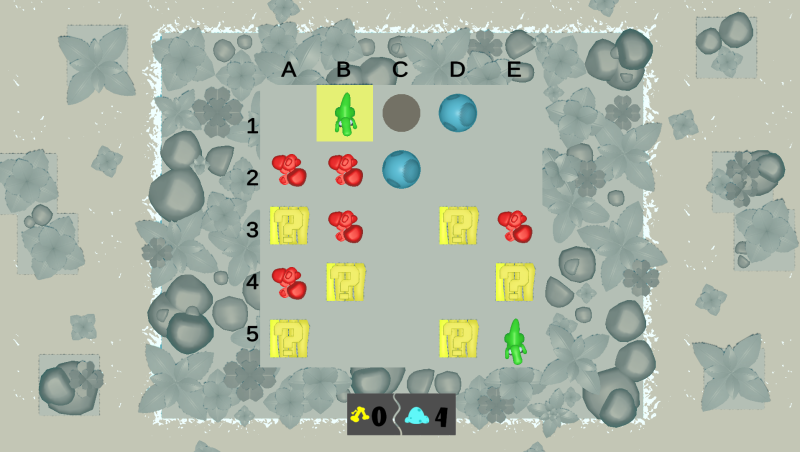 Ein Spielfeld mit fünf Zeilen und fünf Spalten. Die Zeilen sind mit den Zahlen 1 bis 5 und die Spalten mit den Buchstaben A bis E markiert. Auf dem grauen Spielfeld stehen zwei grüne Figuren. Es gibt mehrere rote Figuren, zwei blaue Kugeln und fünf gelbe
